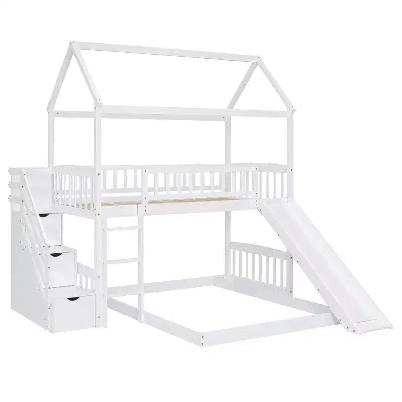 Letto a castello a casetta "Twin over Full" con scivolo e scalini per bambini e ragazzi, struttura in legno con ringhiera di protezione e contenitore