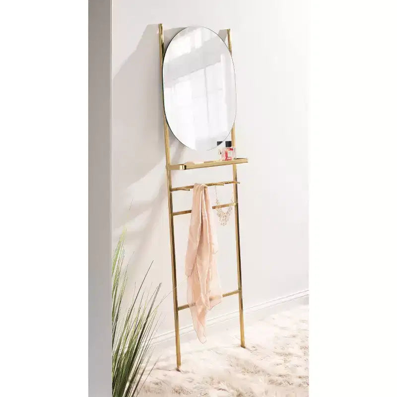 Specchio verticale da appoggio dorato 18" x 67" con ripiano, 4 ganci e specchio a capsula