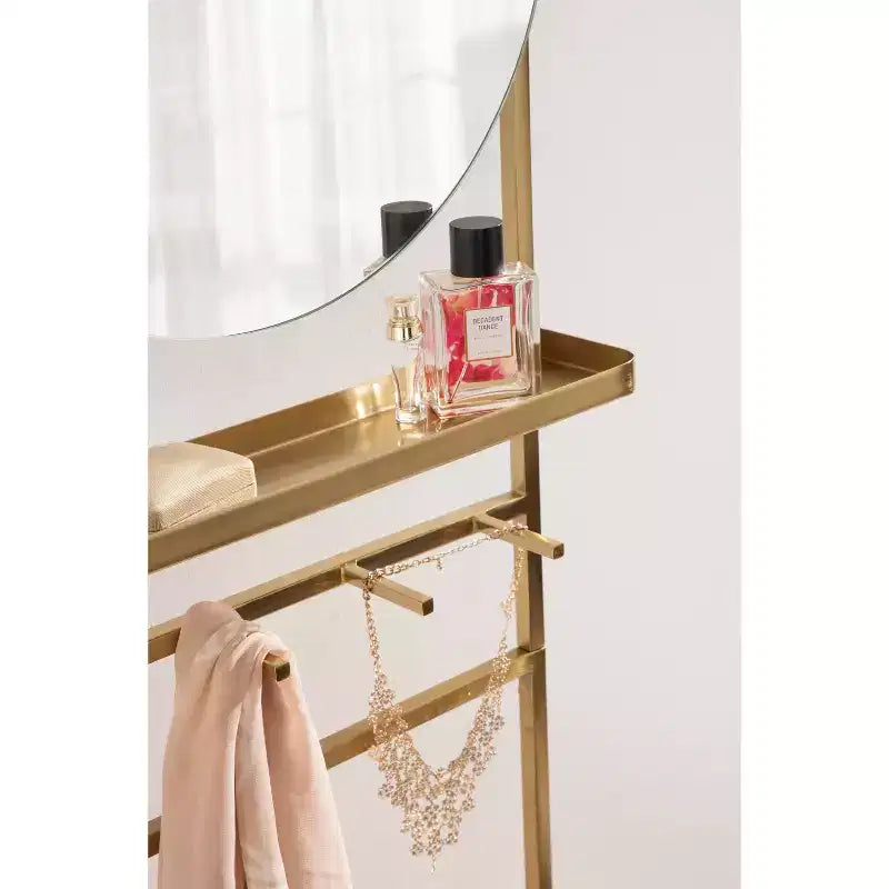 Specchio verticale da appoggio dorato 18" x 67" con ripiano, 4 ganci e specchio a capsula