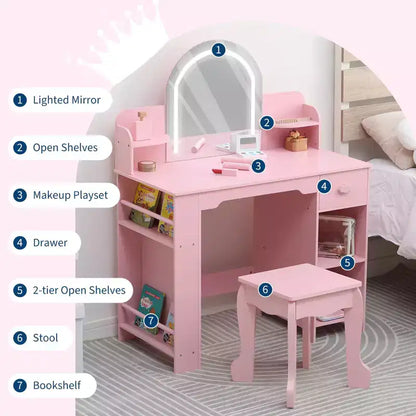 Specchio da trucco per bambini, tavolo e sgabello da trucco 2 in 1 per bambine, trucco per bambini con libreria, cassetto e ripiani aperti per bambine, bianco