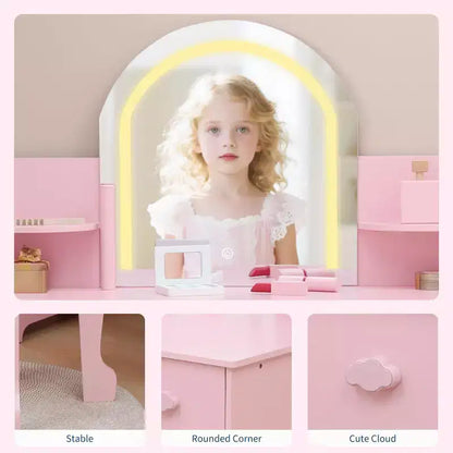Specchio da trucco per bambini, tavolo e sgabello da trucco 2 in 1 per bambine, trucco per bambini con libreria, cassetto e ripiani aperti per bambine, bianco