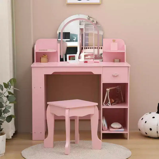 Kids Vanity Mirror, 2 in 1 Little Girls Vanity Table & Stool, Kids Makeup with Bookshelf, Drawer & Open Shelves for Girls, White