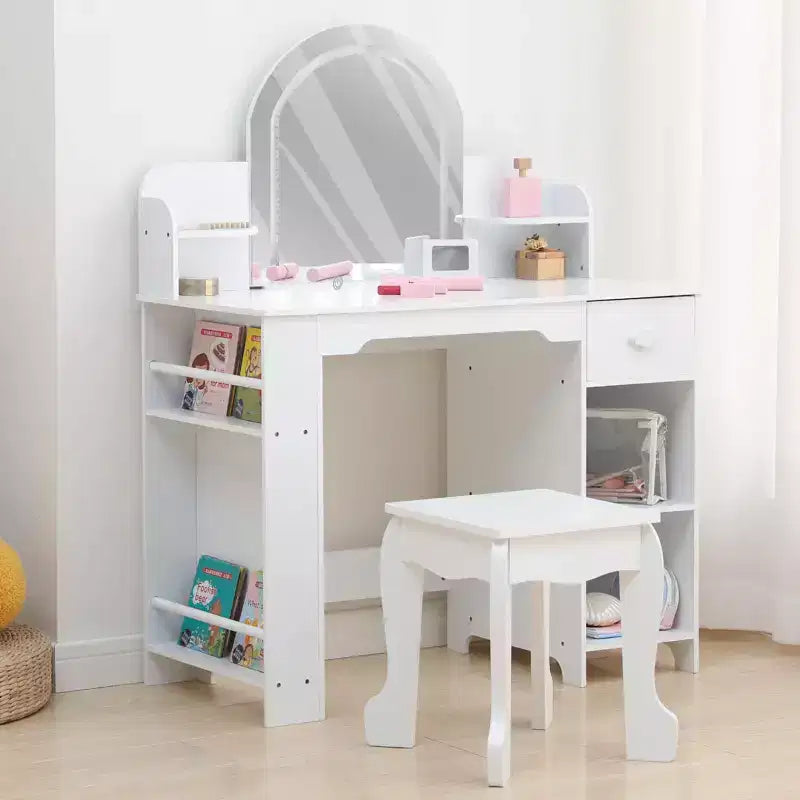 Specchio da trucco per bambini, tavolo e sgabello da trucco 2 in 1 per bambine, trucco per bambini con libreria, cassetto e ripiani aperti per bambine, bianco