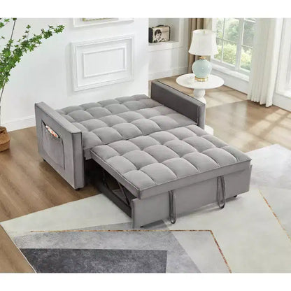 Divano Letto Tufted in Velluto Full Size, Schienale Regolabile su 3 Livelli, 2 Tasche e Cuscini