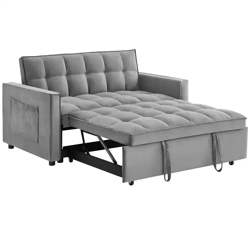 Divano Letto Tufted in Velluto Full Size, Schienale Regolabile su 3 Livelli, 2 Tasche e Cuscini