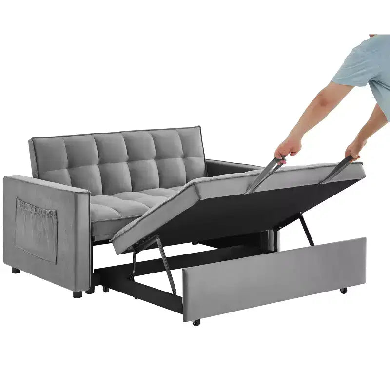Divano Letto Tufted in Velluto Full Size, Schienale Regolabile su 3 Livelli, 2 Tasche e Cuscini