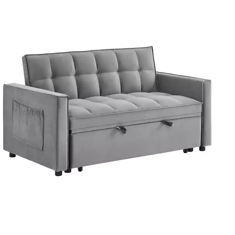 Divano Letto Tufted in Velluto Full Size, Schienale Regolabile su 3 Livelli, 2 Tasche e Cuscini