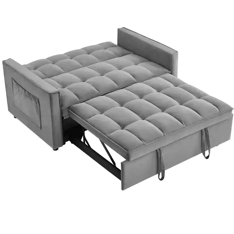 Divano Letto Tufted in Velluto Full Size, Schienale Regolabile su 3 Livelli, 2 Tasche e Cuscini