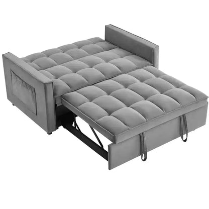 Divano Letto Tufted in Velluto Full Size, Schienale Regolabile su 3 Livelli, 2 Tasche e Cuscini