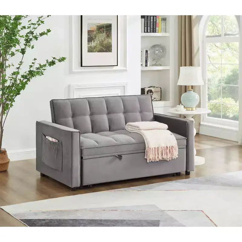 Divano Letto Tufted in Velluto Full Size, Schienale Regolabile su 3 Livelli, 2 Tasche e Cuscini