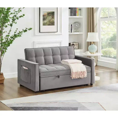 Divano Letto Tufted in Velluto Full Size, Schienale Regolabile su 3 Livelli, 2 Tasche e Cuscini