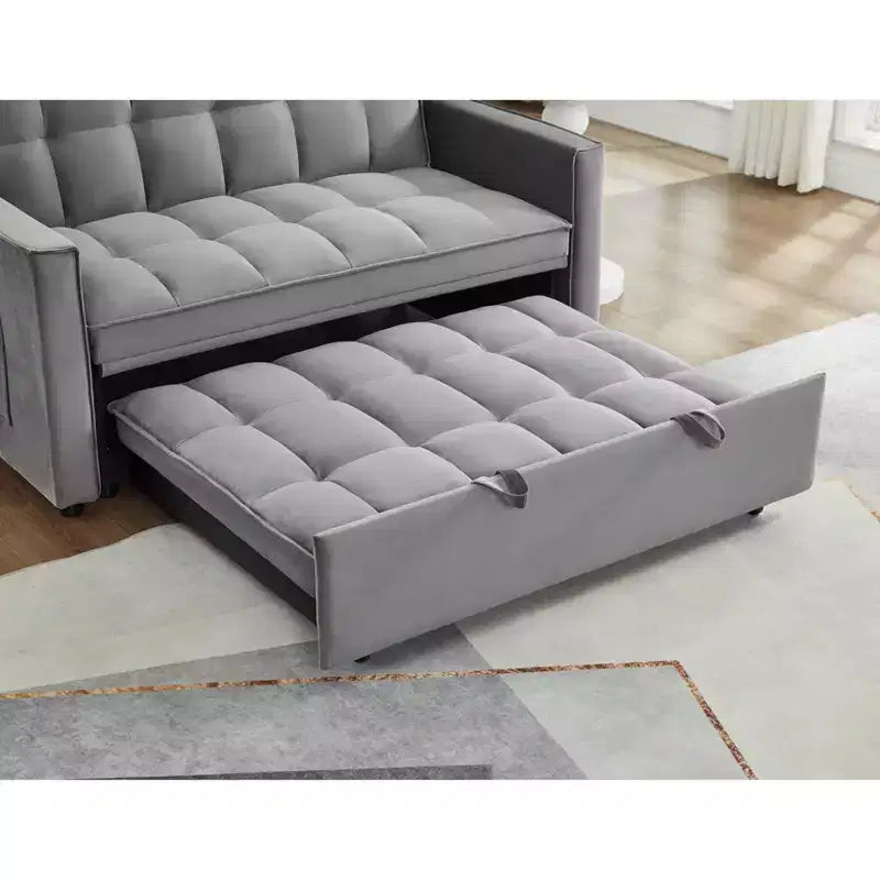 Divano Letto Tufted in Velluto Full Size, Schienale Regolabile su 3 Livelli, 2 Tasche e Cuscini