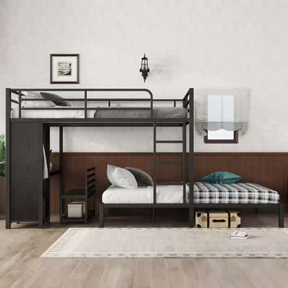 Letto a castello Queen su Queen con armadio integrato, scrivania e contenitore, struttura in metallo, nero