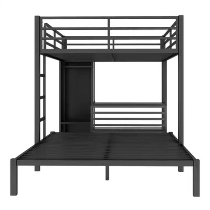 Letto a castello Queen su Queen con armadio integrato, scrivania e contenitore, struttura in metallo, nero