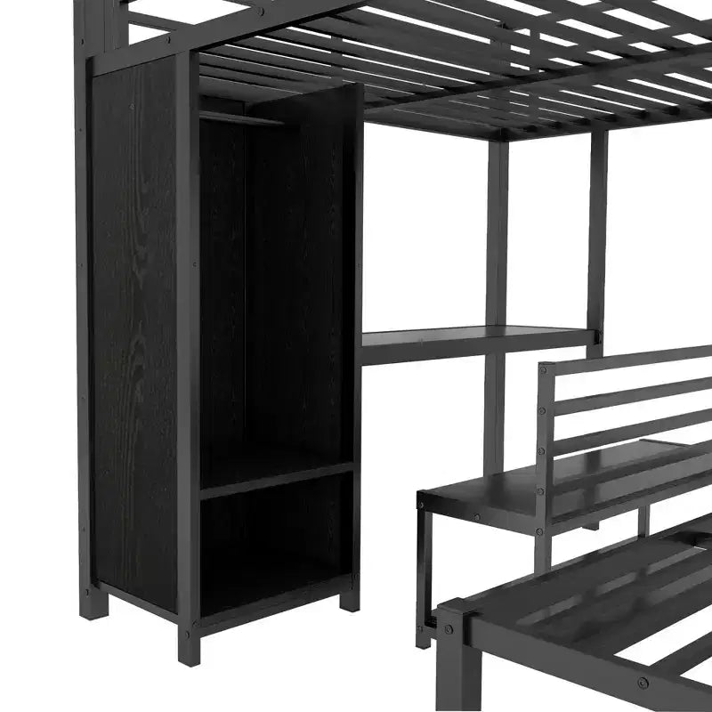 Letto a castello Queen su Queen con armadio integrato, scrivania e contenitore, struttura in metallo, nero