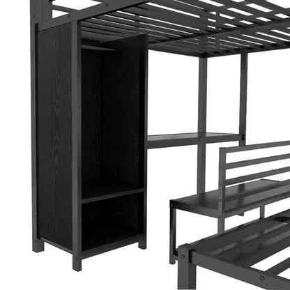 Letto a castello Queen su Queen con armadio integrato, scrivania e contenitore, struttura in metallo, nero