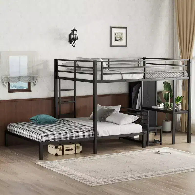Letto a castello Queen su Queen con armadio integrato, scrivania e contenitore, struttura in metallo, nero