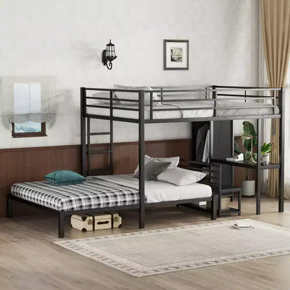 Letto a castello Queen su Queen con armadio integrato, scrivania e contenitore, struttura in metallo, nero
