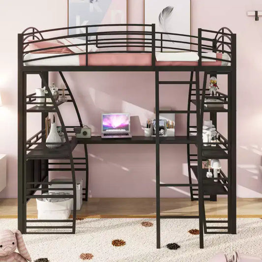 Letto a soppalco singolo con scrivania, libreria e struttura in metallo, letto a soppalco con contenitore, nero