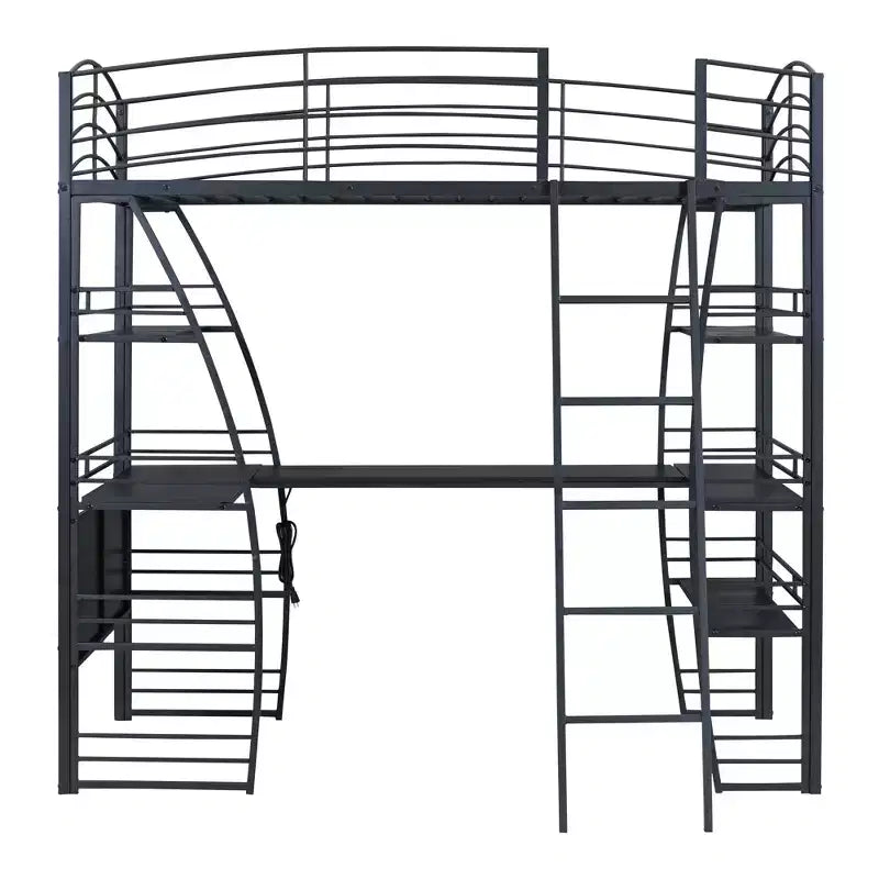 Letto a soppalco singolo con scrivania, libreria e struttura in metallo, letto a soppalco con contenitore, nero