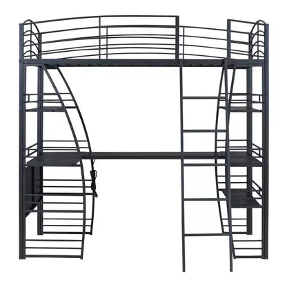 Letto a soppalco singolo con scrivania, libreria e struttura in metallo, letto a soppalco con contenitore, nero