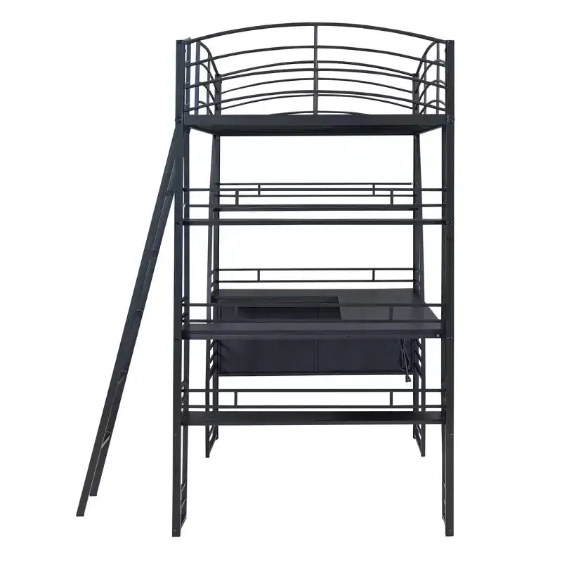 Letto a soppalco singolo con scrivania, libreria e struttura in metallo, letto a soppalco con contenitore, nero