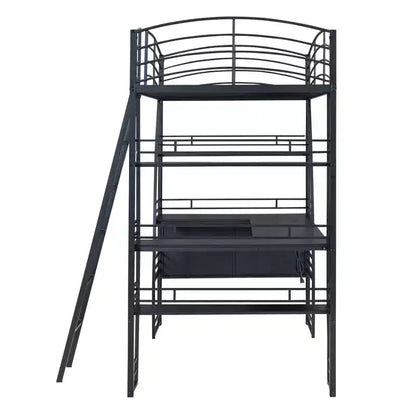 Letto a soppalco singolo con scrivania, libreria e struttura in metallo, letto a soppalco con contenitore, nero