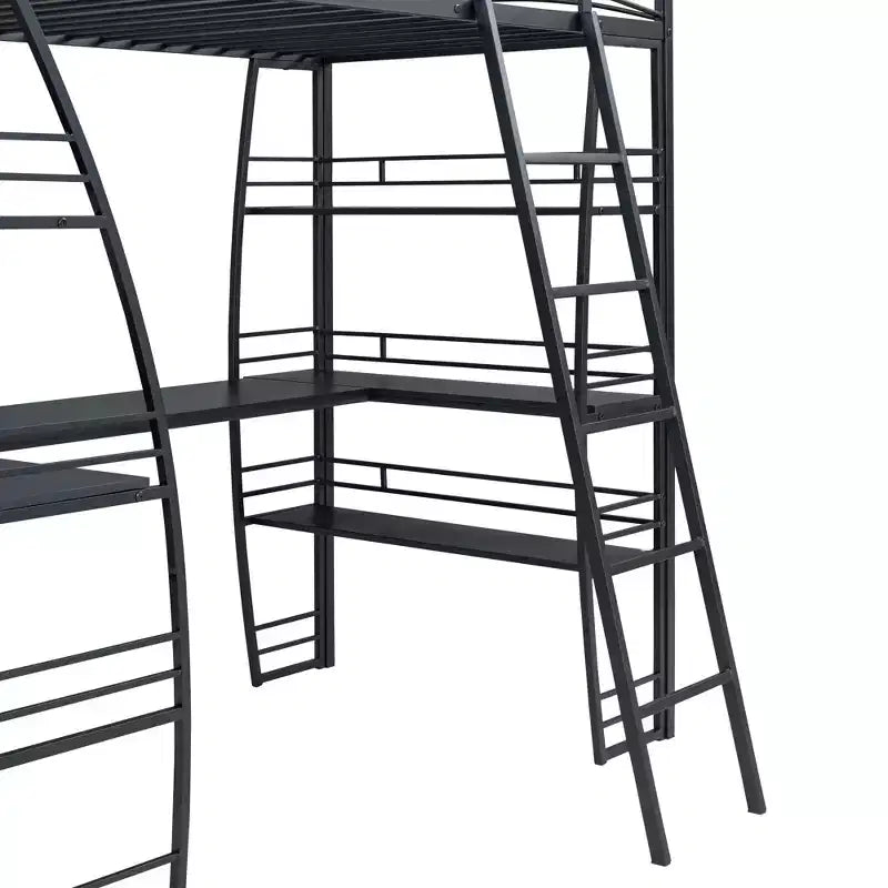 Letto a soppalco singolo con scrivania, libreria e struttura in metallo, letto a soppalco con contenitore, nero