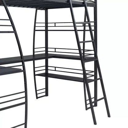 Letto a soppalco singolo con scrivania, libreria e struttura in metallo, letto a soppalco con contenitore, nero