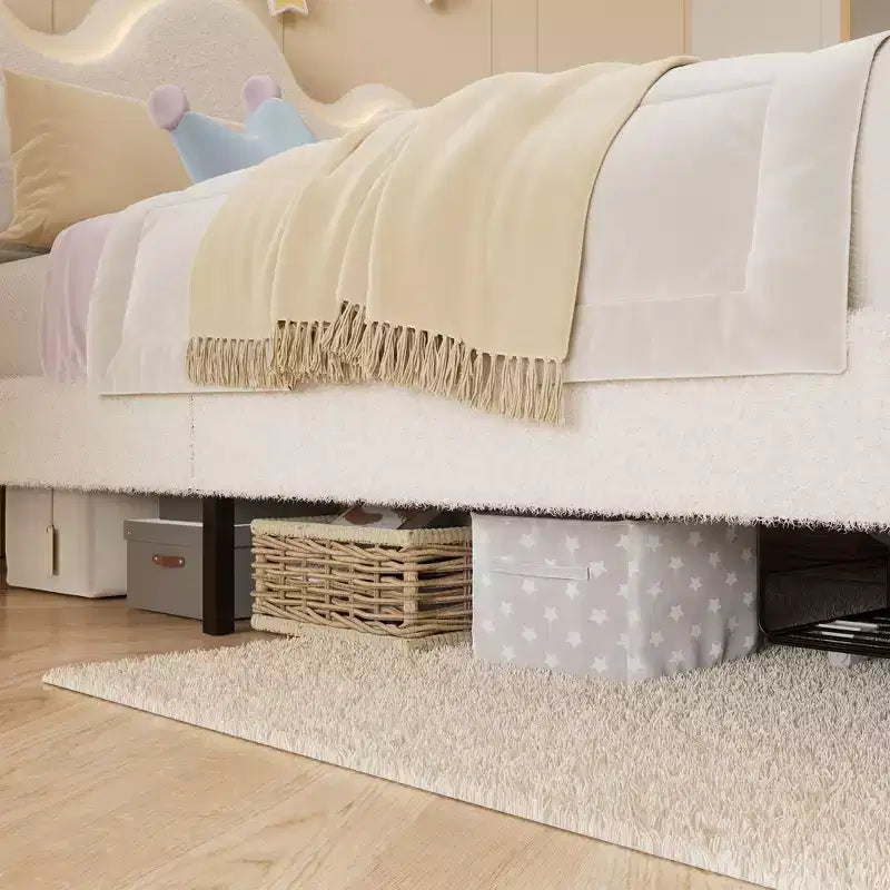Struttura letto imbottita con piattaforma per bambini/ragazze con testiera a fiori e illuminazione integrata, letto in tessuto bouclé con cassetti portaoggetti, rosa/bianco