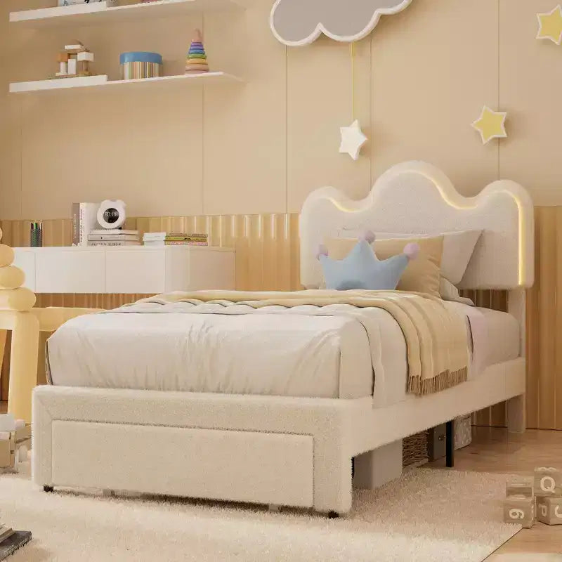 Struttura letto imbottita con piattaforma per bambini/ragazze con testiera a fiori e illuminazione integrata, letto in tessuto bouclé con cassetti portaoggetti, rosa/bianco