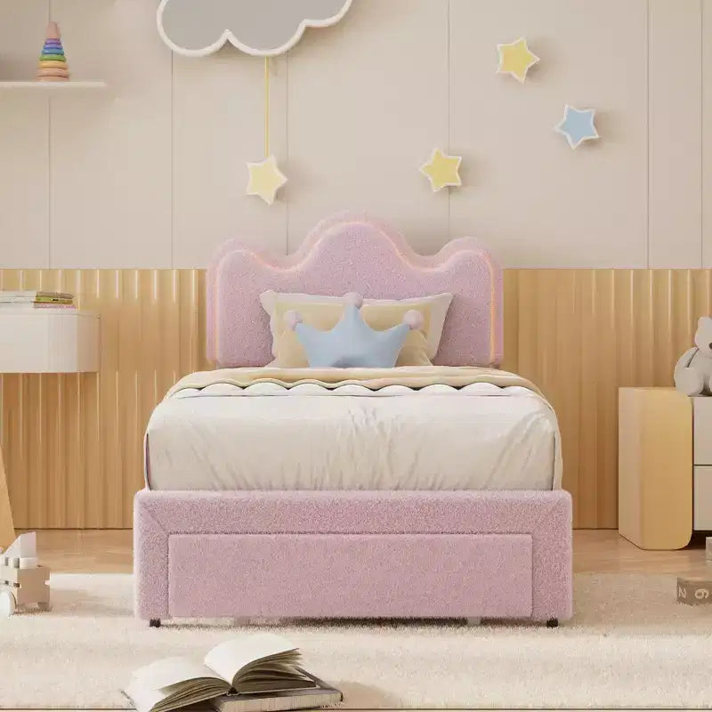 Struttura letto imbottita con piattaforma per bambini/ragazze con testiera a fiori e illuminazione integrata, letto in tessuto bouclé con cassetti portaoggetti, rosa/bianco