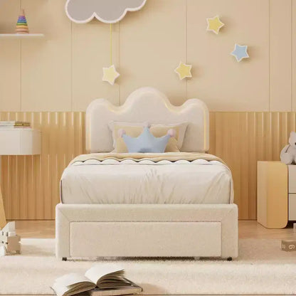 Struttura letto imbottita con piattaforma per bambini/ragazze con testiera a fiori e illuminazione integrata, letto in tessuto bouclé con cassetti portaoggetti, rosa/bianco