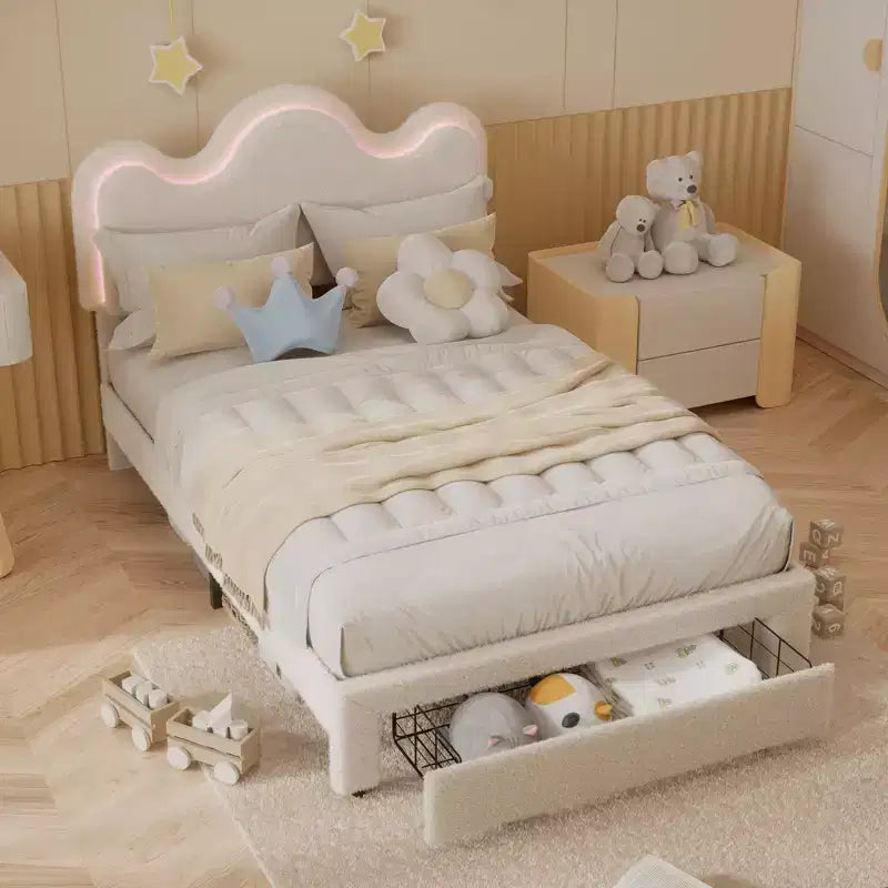 Struttura letto imbottita con piattaforma per bambini/ragazze con testiera a fiori e illuminazione integrata, letto in tessuto bouclé con cassetti portaoggetti, rosa/bianco