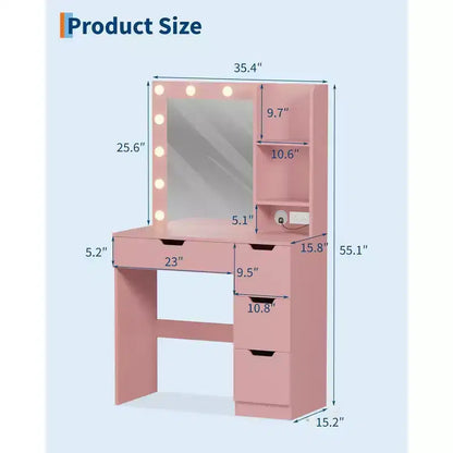 Comò Trucco con Specchio e Luci, Grande Toeletta da 35W con 4 Cassetti e Vani Aperti, Moderno Tavolo da Trucco per Camera da Letto
