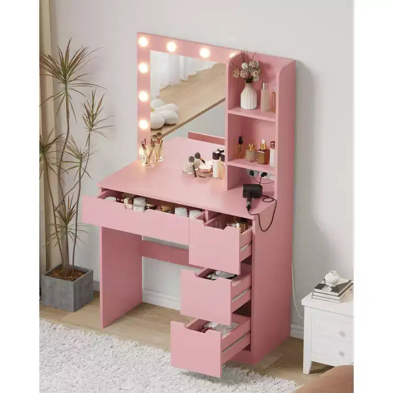 Comò Trucco con Specchio e Luci, Grande Toeletta da 35W con 4 Cassetti e Vani Aperti, Moderno Tavolo da Trucco per Camera da Letto