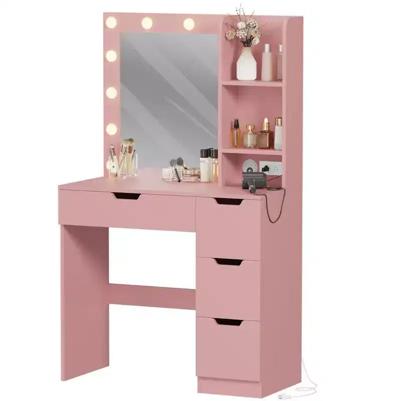 Comò Trucco con Specchio e Luci, Grande Toeletta da 35W con 4 Cassetti e Vani Aperti, Moderno Tavolo da Trucco per Camera da Letto