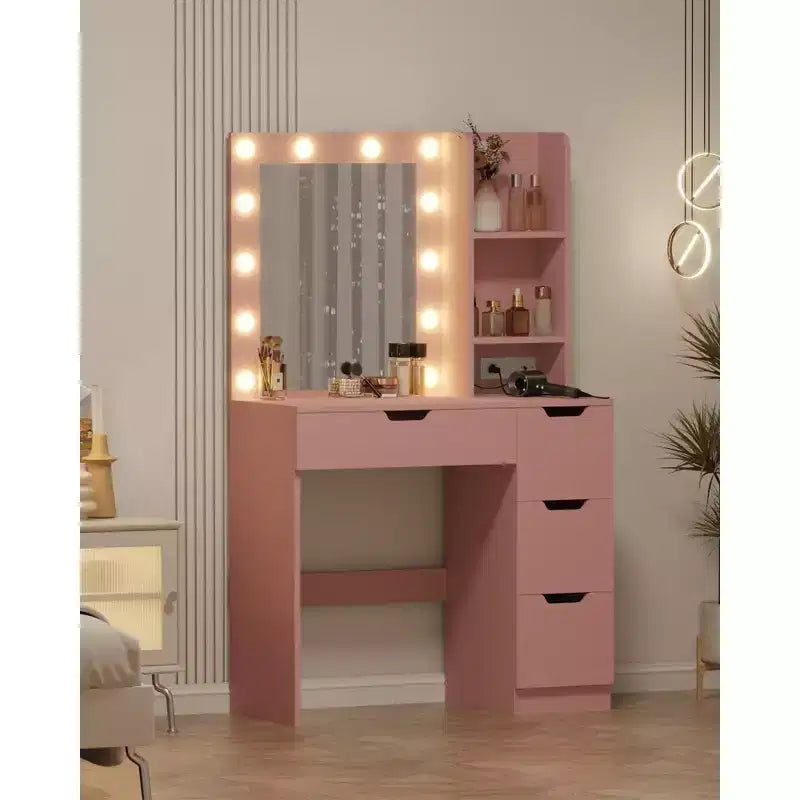 Comò Trucco con Specchio e Luci, Grande Toeletta da 35W con 4 Cassetti e Vani Aperti, Moderno Tavolo da Trucco per Camera da Letto