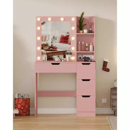 Comò Trucco con Specchio e Luci, Grande Toeletta da 35W con 4 Cassetti e Vani Aperti, Moderno Tavolo da Trucco per Camera da Letto