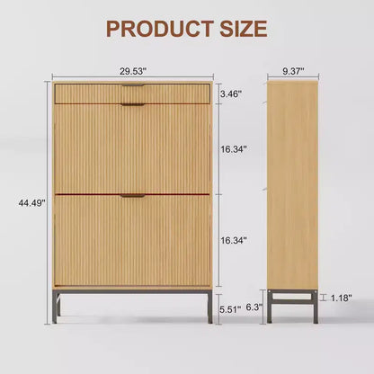 Moderno mobile portascarpe scanalato 2 cassetti a ribalta + cassetto scorrevole con gancio, organizzatore sottile in legno per appartamento/ingresso (1 pezzo)