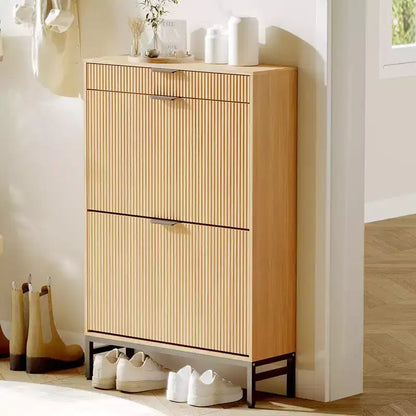 Moderno mobile portascarpe scanalato 2 cassetti a ribalta + cassetto scorrevole con gancio, organizzatore sottile in legno per appartamento/ingresso (1 pezzo)