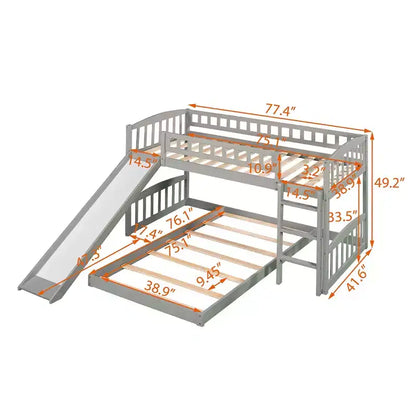 Letto a castello a pavimento con scivolo e scale, letto a castello basso singolo su singolo con contenitore, letto a castello in legno singolo per bambini e neonati