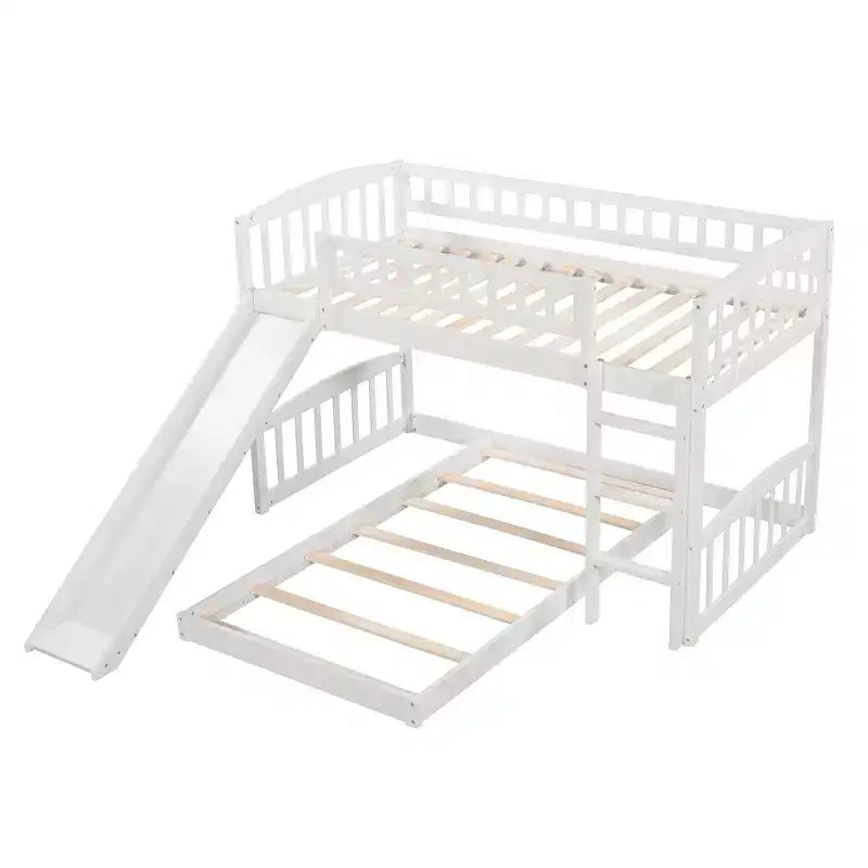 Letto a castello a pavimento con scivolo e scale, letto a castello basso singolo su singolo con contenitore, letto a castello in legno singolo per bambini e neonati