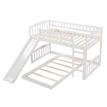 Letto a castello a pavimento con scivolo e scale, letto a castello basso singolo su singolo con contenitore, letto a castello in legno singolo per bambini e neonati