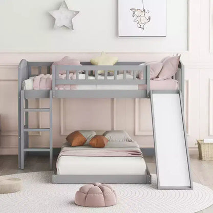 Letto a castello a pavimento con scivolo e scale, letto a castello basso singolo su singolo con contenitore, letto a castello in legno singolo per bambini e neonati