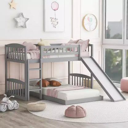 Floor Bunk Bed with Slide and Stairs, Low Bunk Bed Twin over Twin with Storage, Wood Twin Bunk Bed for Toddlers Kids