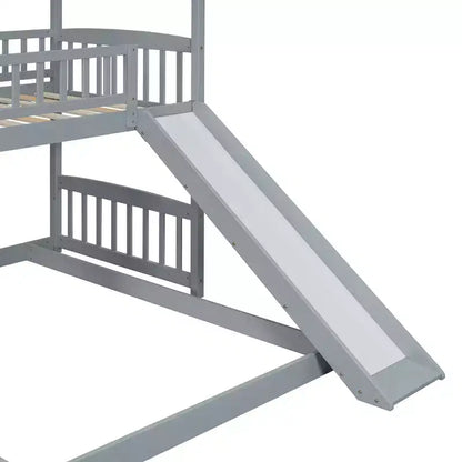 Letto a castello a casetta "Twin over Full" con scivolo e scalini per bambini e ragazzi, struttura in legno con ringhiera di protezione e contenitore