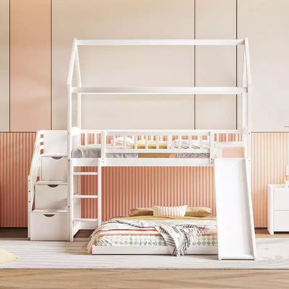 Letto a castello a casetta "Twin over Full" con scivolo e scalini per bambini e ragazzi, struttura in legno con ringhiera di protezione e contenitore