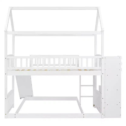 Letto a castello a casetta "Twin over Full" con scivolo e scalini per bambini e ragazzi, struttura in legno con ringhiera di protezione e contenitore
