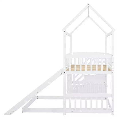 Letto a castello a casetta "Twin over Full" con scivolo e scalini per bambini e ragazzi, struttura in legno con ringhiera di protezione e contenitore